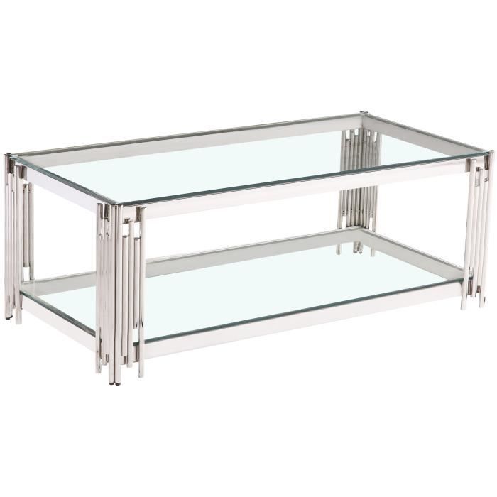 Table basse design en acier inoxydable poli argenté et plateau en verre trempé transparent 120 cm x 60 cm collection MILANO