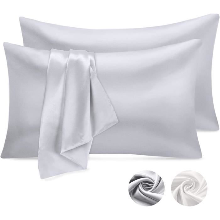 TAIE OREILLER Taie Oreiller Satin, Emooqi Taies d&rsquoOreiller Cheveux Soyeux 40 x 80 cm Gris Argenté- Lot de 2 Taie d'48
