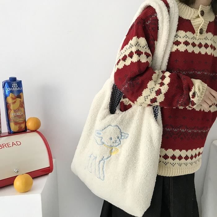 Sac à main,Femmes agneau comme tissu sac à bandoulière Simple toile sac à main fourre tout grande capacité broderie - Type Beige
