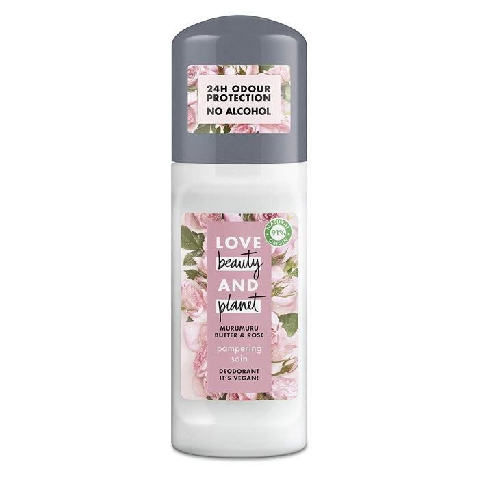 Love Beauty And Planet Déodorant Femme Bille Protection 24h, sans Alcool, Huile de Coco Bio, Beurre de Muru Muru et Rose, Certifi