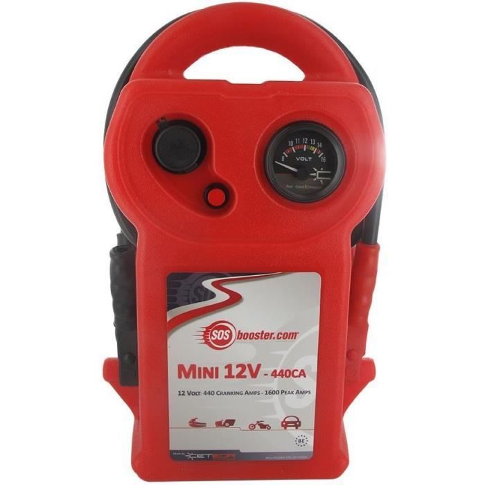 Booster de batterie compact (36 x 13 x 24cm et 6,5kg) , 12V, 440A au démarrage, 1600A en pointe avec câble de recharge prise allume