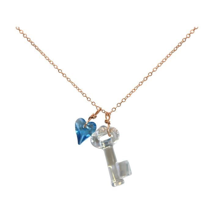 Gemshine - Femmes - Collier - pendentif - plaqué or rose - clés - coeur - bleu - de SWAROVSKI ELEMENTS® - 45 cm