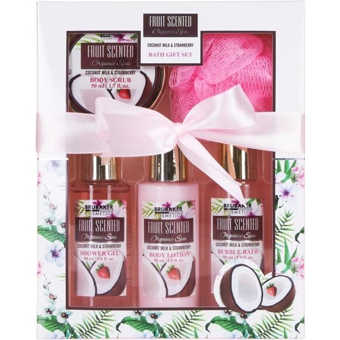 BRUBAKER Cosmetics - Coffret de bain & douche - Noix de coco/Fraise - 5 Pièces - Idée cadeau