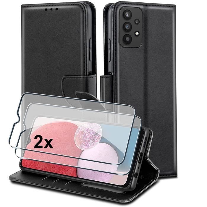 Coque Galaxy A33 5g Simili Cuir Rabat Noir + 2 vitres verre trempé Porte Carte