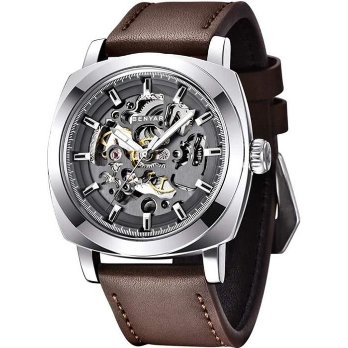 BENYAR - Montre Automatique Homme Mécanique |Bracelet en Cuir | Mouvement Doré | Cadran Squelette de 45 mm | Résistant à l'eau et Au