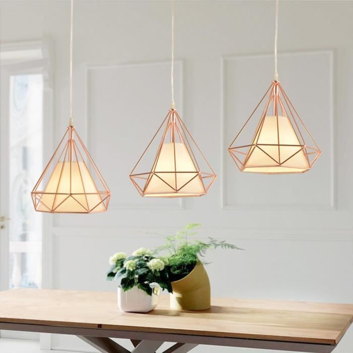 Suspension Lustre Industrielle forme Diamant de Barre 3 luminaire Abat-jour E27 pour salon cuisine, Or Rose