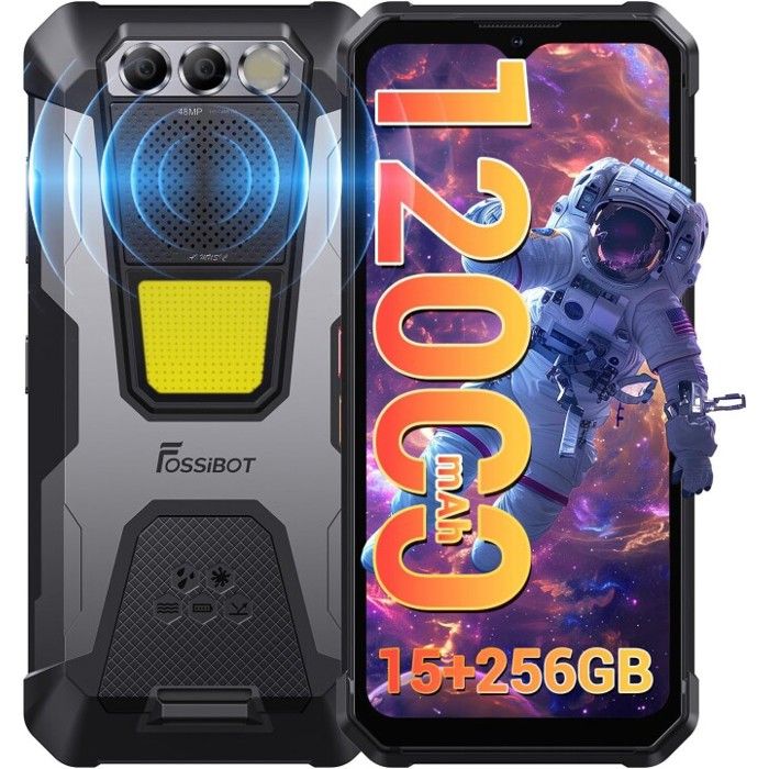 FOSSIBOT F106 Pro Smartphone Robuste 6.58 15Go + 256Go 48MP 12000mAh IP68 Android 14 Téléphone Haut-parleur 110dB Double SIM 4G GPS