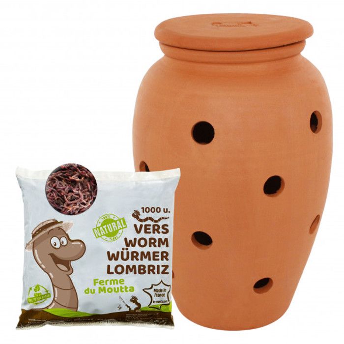 WORMacotta | Lombricomposteur 6,5L en Terre Cuite à enterrer | 500gr de vers de Compost | Transformez Votre jardinière en lombricomposteur | Compostez
