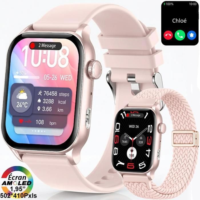 XtraDiTech Montre Connectée LED sous Lentille Longue Portée 8 M Ecran Amoled Carré 195 Haute Résolution 502*410 Couronne Numérique