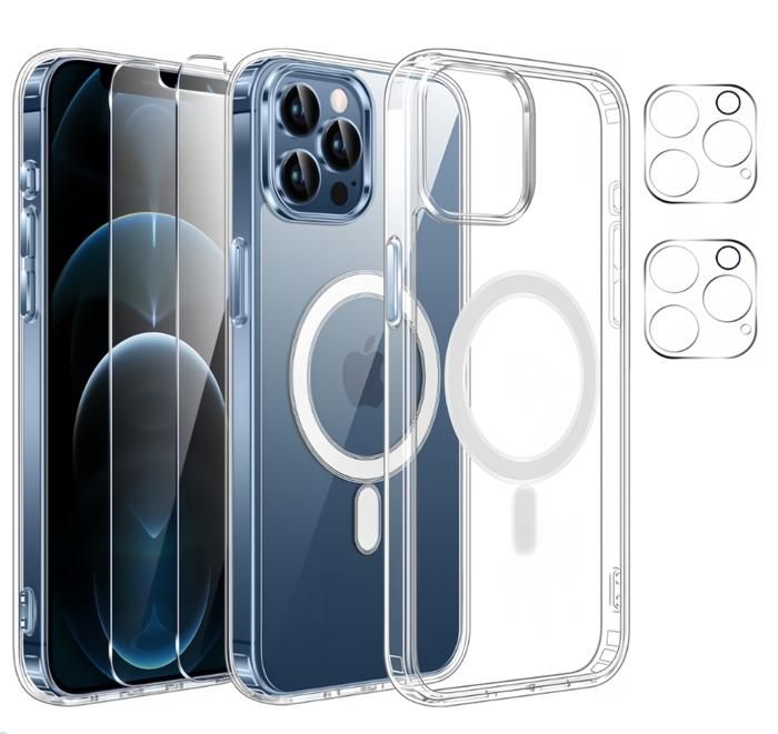 Coque Magnétique IPhone 12/Pro/mini/Pro Max + 2 Verres Trempés + 2 Protections Caméra - Transparent
