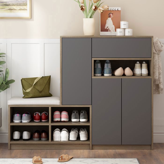 Meuble à Chaussures avec Banc de Rangement à Chaussures Assise Rembourrée 140x35x110 cm Gris Merax Meuble à Chaussures avec Banc de Rangement à Chaussures Assise Rembourrée 140x35x110 cm Gris Merax
