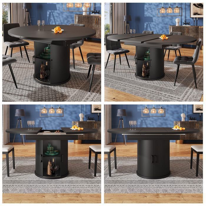 Table à manger extensible ronde 118-158x118x76cm Table à manger 6 personnes avec rangement pour salon salle à manger - noir