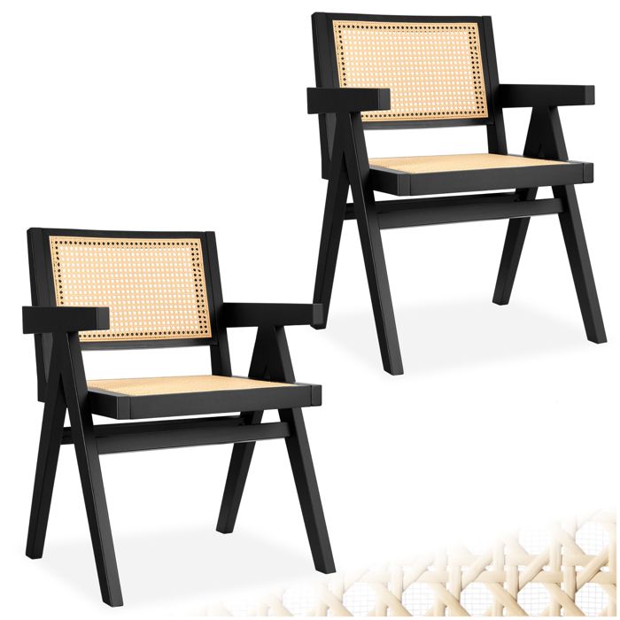 Chaise - TECTAKE - Lot de 2 fauteuils LISSY style boho cannage viennois en bois et accoudoirs 59 5 x 56 5 x 82 5 cm - Noir Chaise - TECTAKE - Lot de 2 fauteuils LISSY style boho cannage viennois en bois et accoudoirs 59 5 x 56 5 x 82 5 cm - Noir