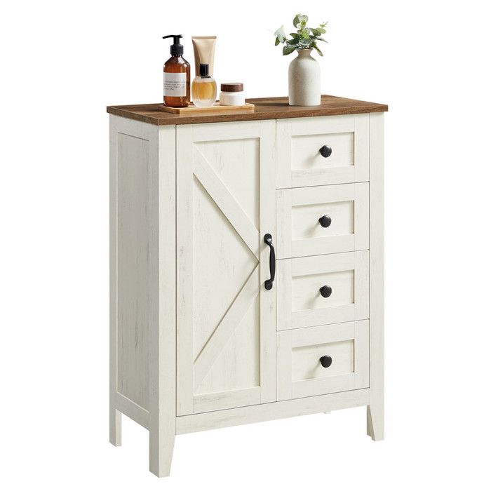 Armoire Salle de Bain - LIRY - 4 Tiroirs - Étagère Réglable - Blanc Rustique