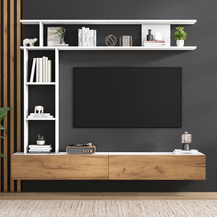 Ensemble meuble TV 3 pièces - Meuble TV + étagère verticale + étagère murale - 2 portes abattantes - Blanc et naturel Ensemble meuble TV 3 pièces - Meuble TV + étagère verticale + étagère murale - 2 portes abattantes - Blanc et naturel