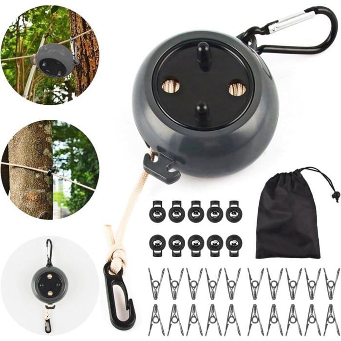 Corde a Linge Retractable Fil Rétractable avec 10 Boucles Fixes et 20 Pinces Coupe-Vent