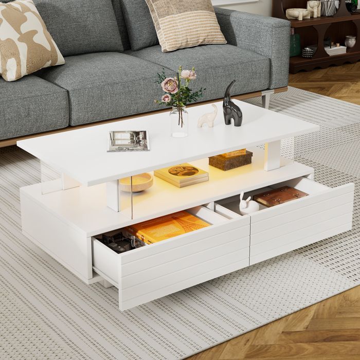 Merax Table Basse LED avec 2 Tiroirs de Rangement pour Salon 100×50×42 cm Blanc