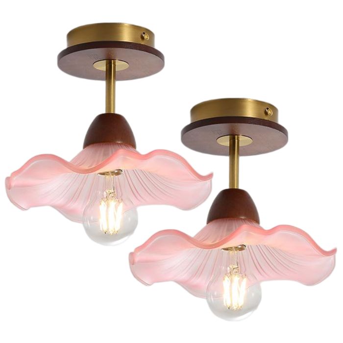 WOTTES Lot de 2 Plafonniers Rétro avec Abat-jour en Verre Rose et Noyer Fleurs Design Lampe Vintage E27 Ø23CM Luminaire Couloir