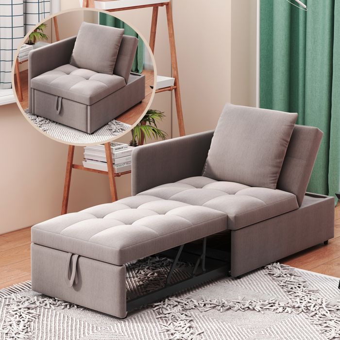 Canapé-lit multifonction - Convertible 3-en-1 - Tissu de lin - Dossier réglable 5 positions - 177x68x65 cm - Gris
