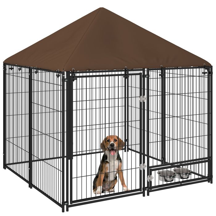 Meilleurs prix pour Chenil extérieur pour Chiens PawHut Métal 141x141x151cm Café