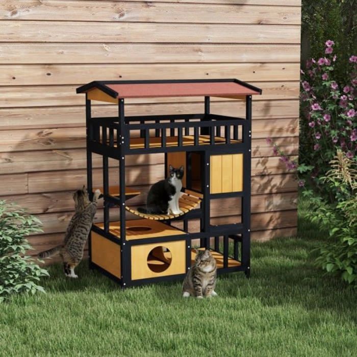 Niche En Bois Pour Chat 84x60x116cm Grotte Avec Plateformes Et Pont Suspendu Cabane Pour 2 Chats multicolore NICHE