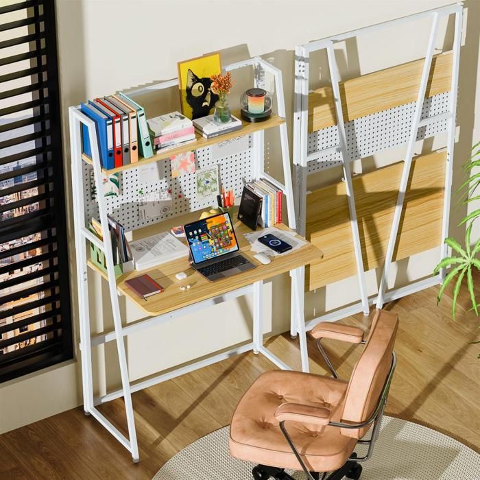 Bureau Pliant avec Etagère et Tableau dAccessoires Bureau Pliant Compact pour Petits Appartements Stable et Pratique 86x48x138 cm