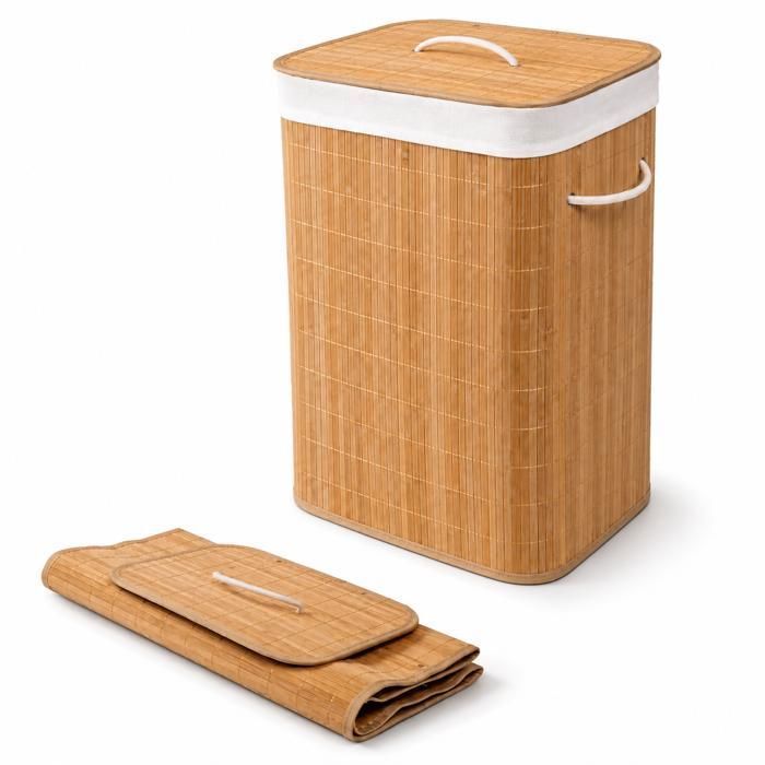 Panier à linge sale 72 L en bambou avec couvercle – Corbeille pliable avec sac intérieur lavable et amovible pour salle de bain