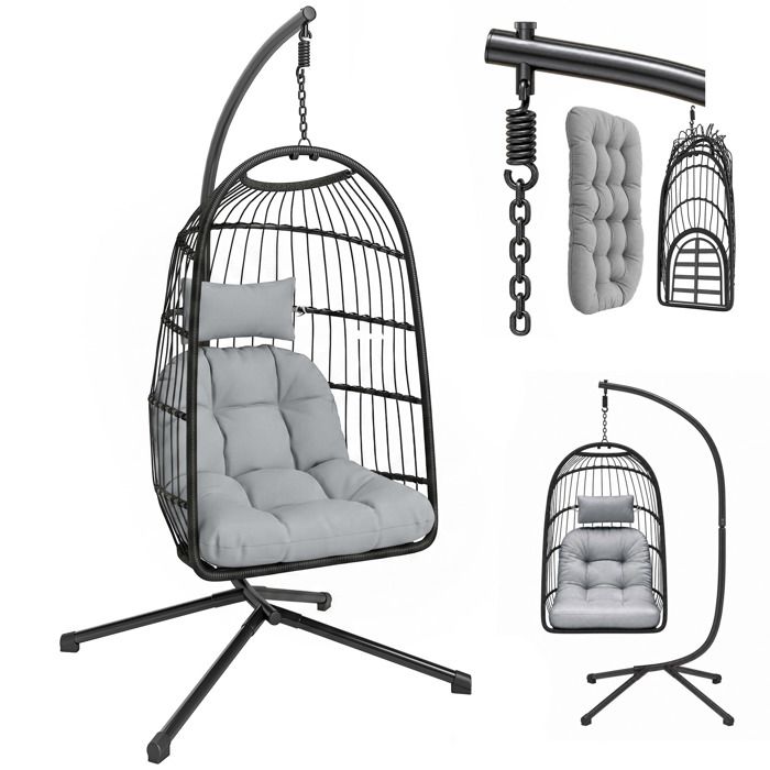 Fauteuil oeuf suspendu - balançoire de jardin - Outsunny - pliable avec support coussin 15cm et appui-tête - 101x105x196cm - gris