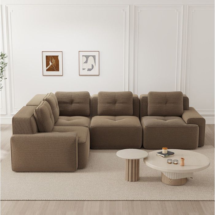 Canapé modulable 4 places en velours côtelé marron angle compressé sans montage assise profonde