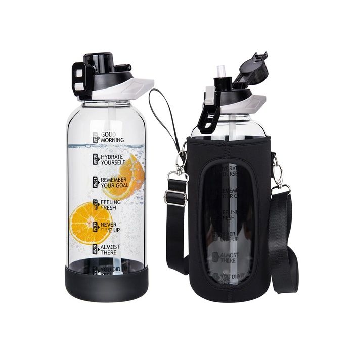 Gourde en verre - AUTREMENT - 1 5 L - Borosilicate - Couvercle rabattable & paille - Manchon néoprène