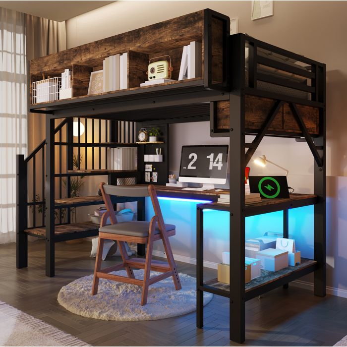 Lit mezzanine 90x200 cm noir et brun vintage avec bureau d’angle rangements panneau perforé LED et prises