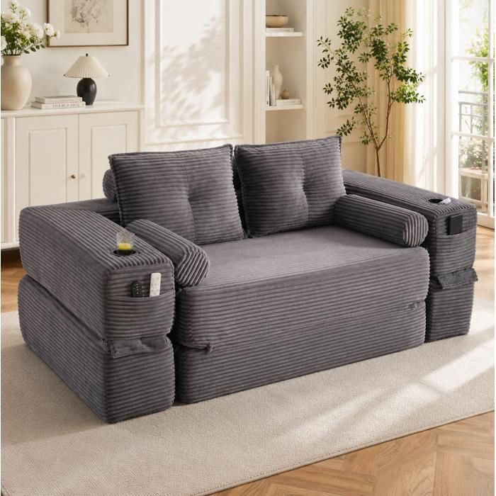 MEULVA Canapé convertible 2 places en velours côtelé gris foncé avec poches latérales et porte-gobelet