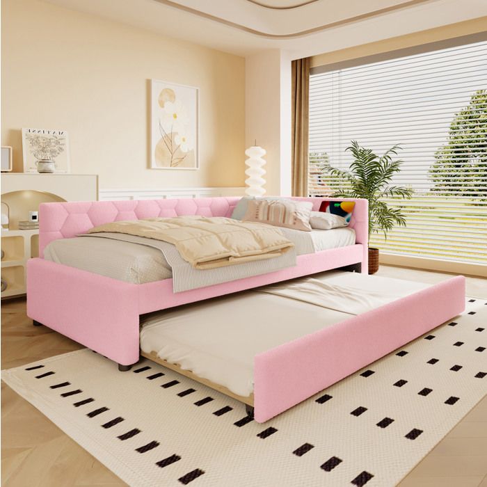 Lit de jour enfant 90 x 200 cm rose avec lit gigogne sommier à lattes USB-C USB et lampe de chevet