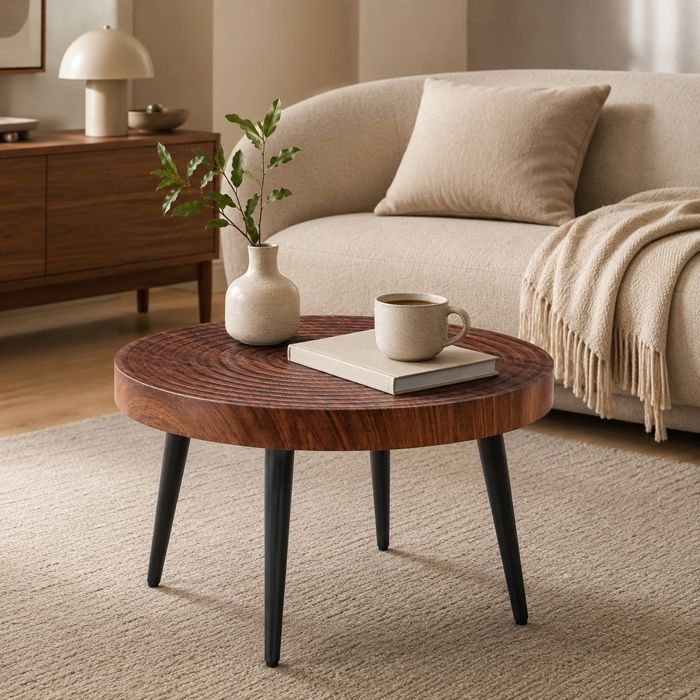 Table Basse Ronde Bois - avec Pieds en Fer-Grande Table DAppoint Pour Le Salon -60x60x37cm -noyer