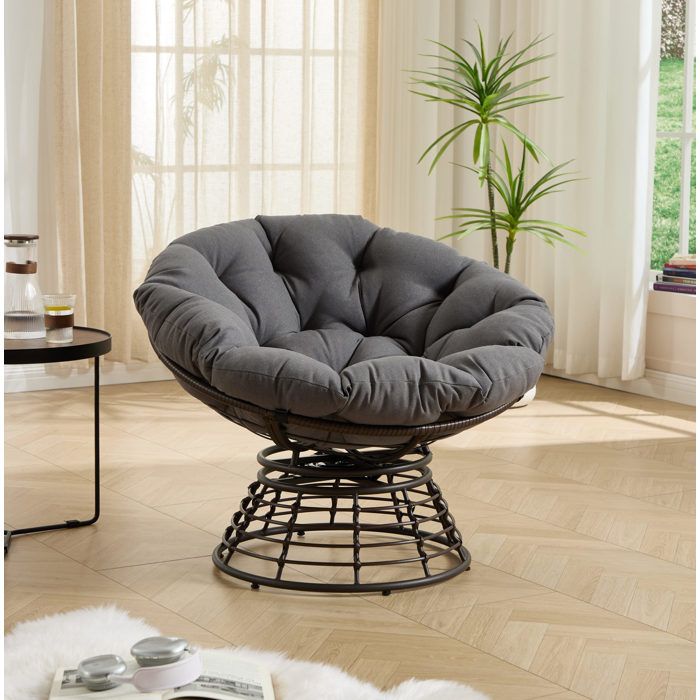 JOINERY Fauteuil Papasan Pivotant Coussin Épais Résine Tressée Acier Gris Marron Intérieur Extérieur Salon Chambre Lecture