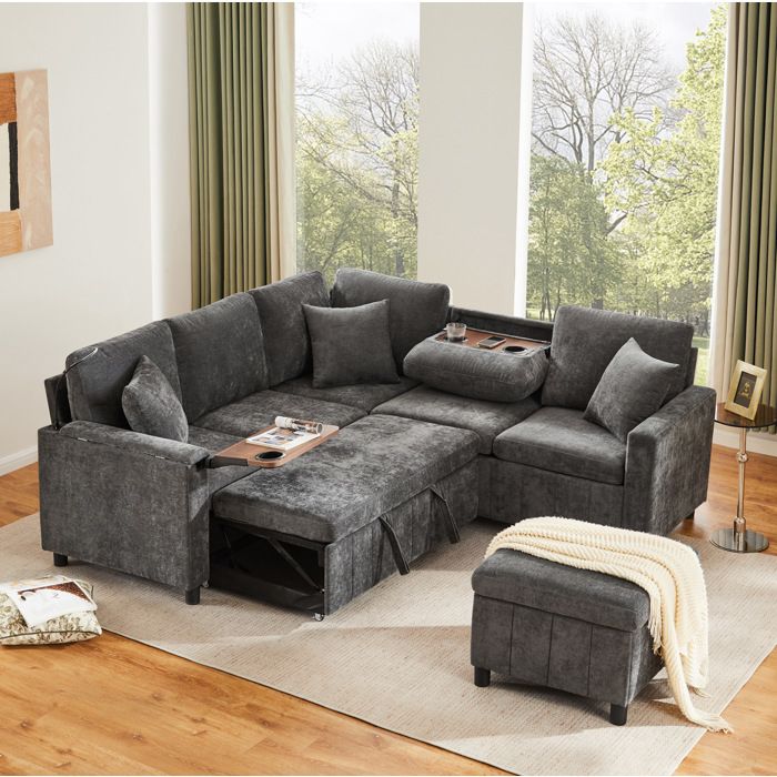 Canapé dangle convertible 4 places - avec lit USB Type-C lampe et pouf rangement - chenille grise - 205 × 205 × 85 cm