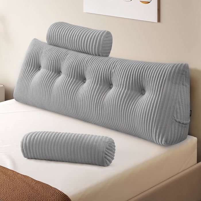 Coussin triangulaire de lecture 3 en 1 - dossier dos 150 cm gris clair - housse lavable polyester confort canapé et lit
