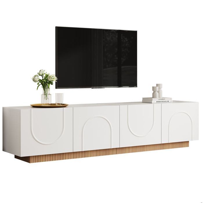 Meuble TV bas 170 x 38 x 42 cm blanc avec 4 portes relief arc 2 passe-câbles et charnières amorties