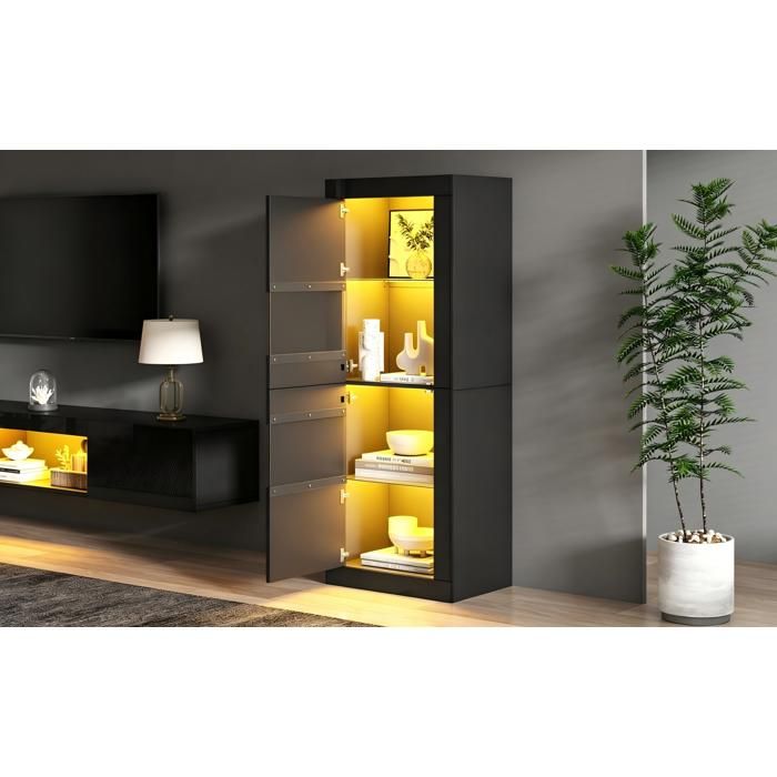 Vitrine avec 2 Portes 3 Étagères dont 2 Réglables en Verre et LED pour Salon ou Bureau 61×42×162 cm Noir