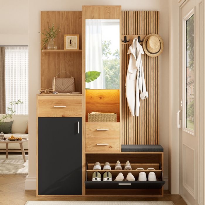 Meuble dEntrée Armoire Compacte avec éclairage LED et Miroir Banquette Rembourrée Tiroirs Armoire à Chaussures Vestiaire Moderne