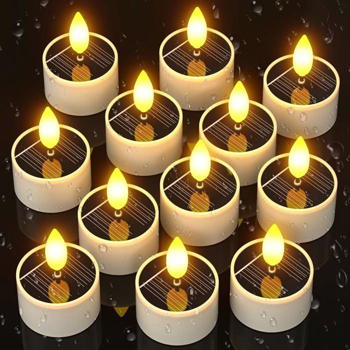 Lot de 12 bougies LED solaires rechargeables chauffe-plat - flamme vacillante 38 x 54 cm - étanche IP54 pour extérieur