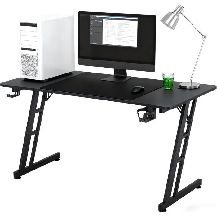 Ergonomique Bureau Gaming pour Gamer 120x60cm Meubles de Bureaux avec Plateau de Table en Imitation Fibre de Carbone Porte-Gobelet