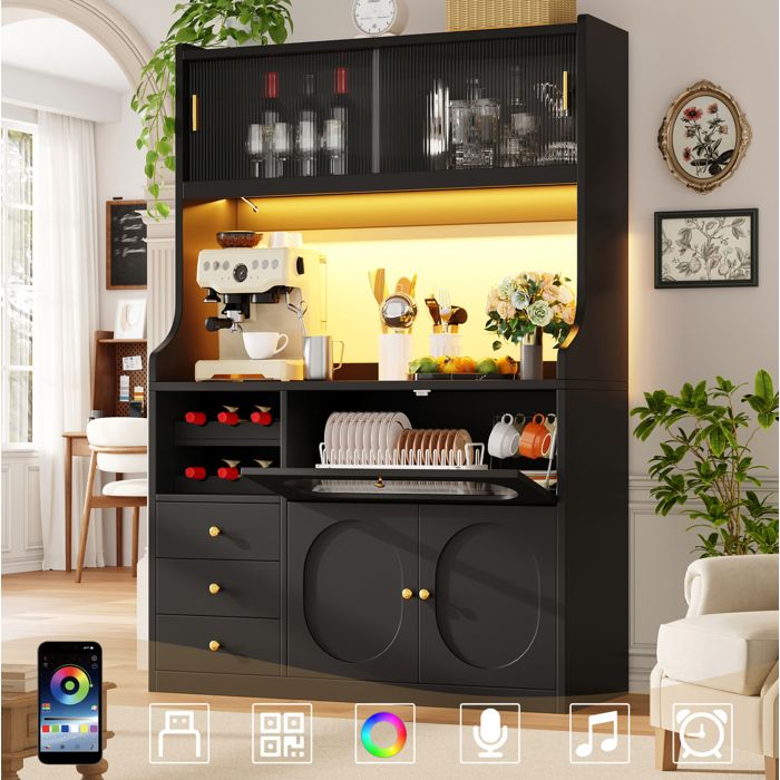 ROVRYN Colonne de cuisine 120 cm noir mat avec éclairage RGB portes vitrées coulissantes et 3 tiroirs