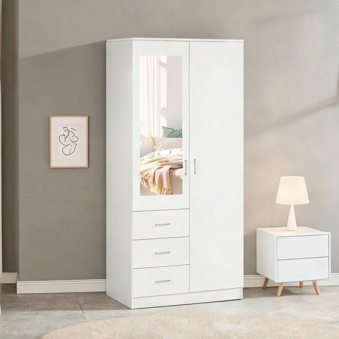 Armoire 80 x 50 x 180 cm avec Miroir 3 Tiroirs et Barre de Penderie Finition Blanc