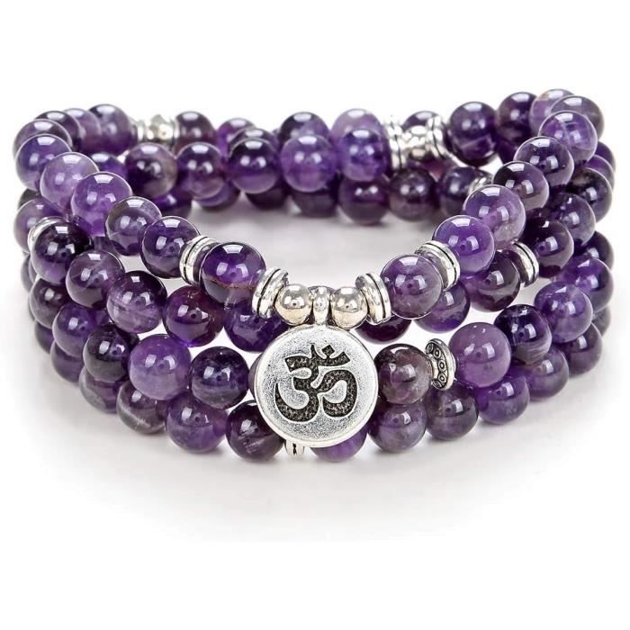 Bracelet Mala Méditation 21 Pierres Améthyste 8mm Avec Médaillon Symbole OM