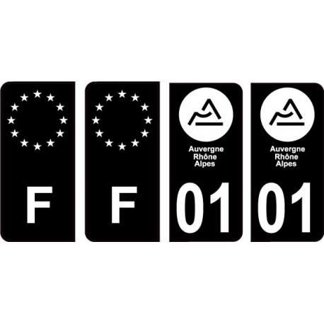 01 Ain nouveau logo Noir autocollant plaque immatriculation auto ville sticker Lot de 4 Stickers - Angles : arrondis