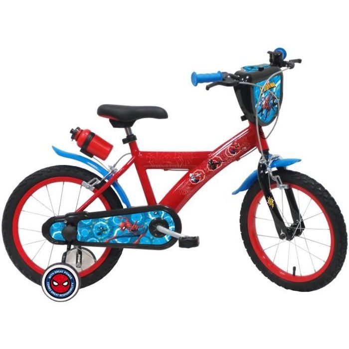 Velo enfant 16 105 cm a 120 cm SPIDERMAN equipe de 2 freins bidon porte bidon pneus gonflables plaque avant stabilisateurs