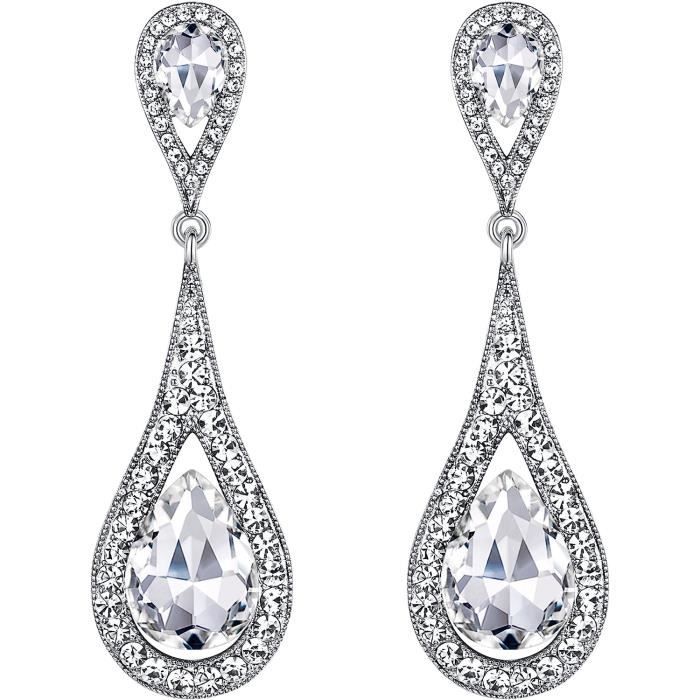 Boucles D'oreilles Clip Non Percé Style Belle Epoque Goutte Cristaux Blancs - Neuves