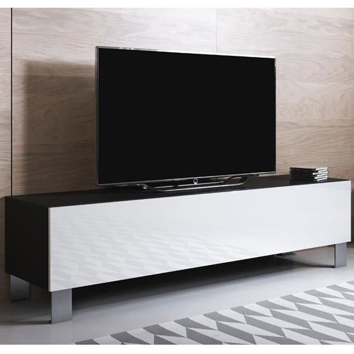 Design Ameublement - Meuble TV LUKE H2 Sur pieds aluminium 12 cm - Noir et Blanc Brillant - 160x42x40cm Design Ameublement - Meuble TV LUKE H2 Sur pieds aluminium 12 cm - Noir et Blanc Brillant - 160x42x40cm