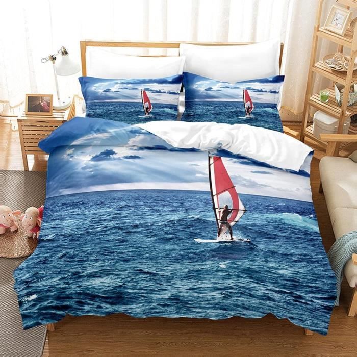 Parure de lit 3 pièces Surf au Bord de la mer - Impression 3D - Bleu - 220x240cm